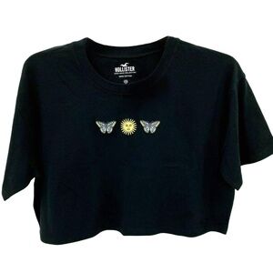 (NWOT) Hollister Butterfly & Sun Embroidered Black Crop Top | Boho Tee - XS